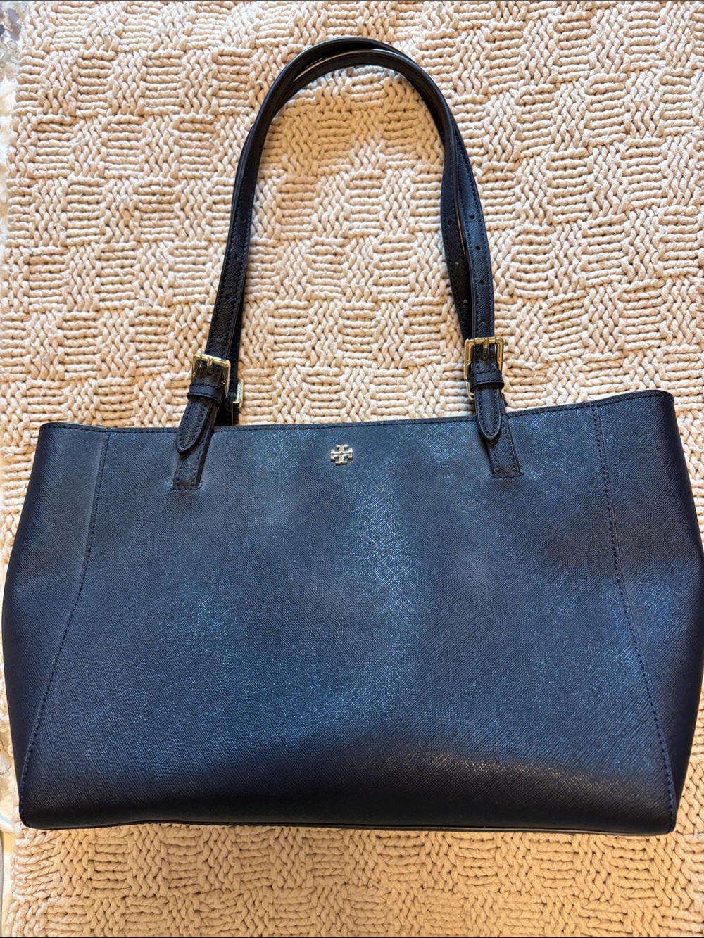 Tory Burch Navy Saffiano Leather Tote with Gold Logo